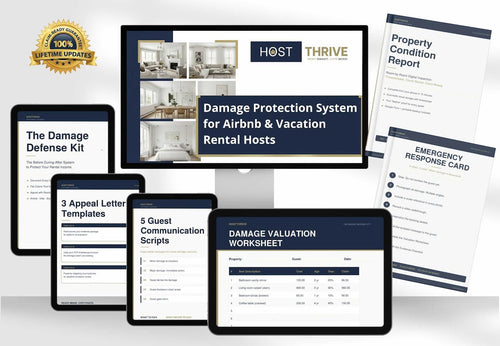 Airbnb damage protection system mockup showing damage defense guide, property condition report, emergency response card, valuation worksheet, guest scripts and appeal templates on multiple devices