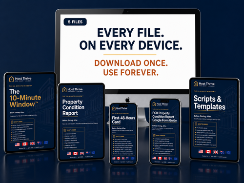 Airbnb damage protection system mockup showing damage defense guide, property condition report, emergency response card, valuation worksheet, guest scripts and appeal templates on multiple devices