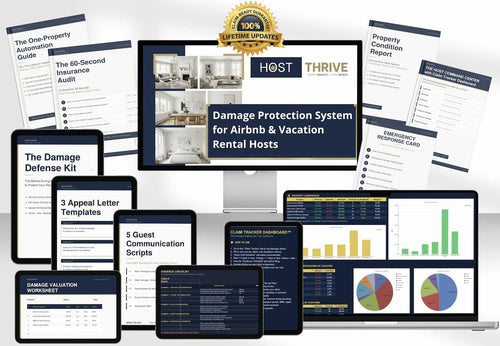 Complete Airbnb host protection bundle mockup showing damage defense kit, automation guide, command center, insurance audit, emergency response card and templates on multiple devices