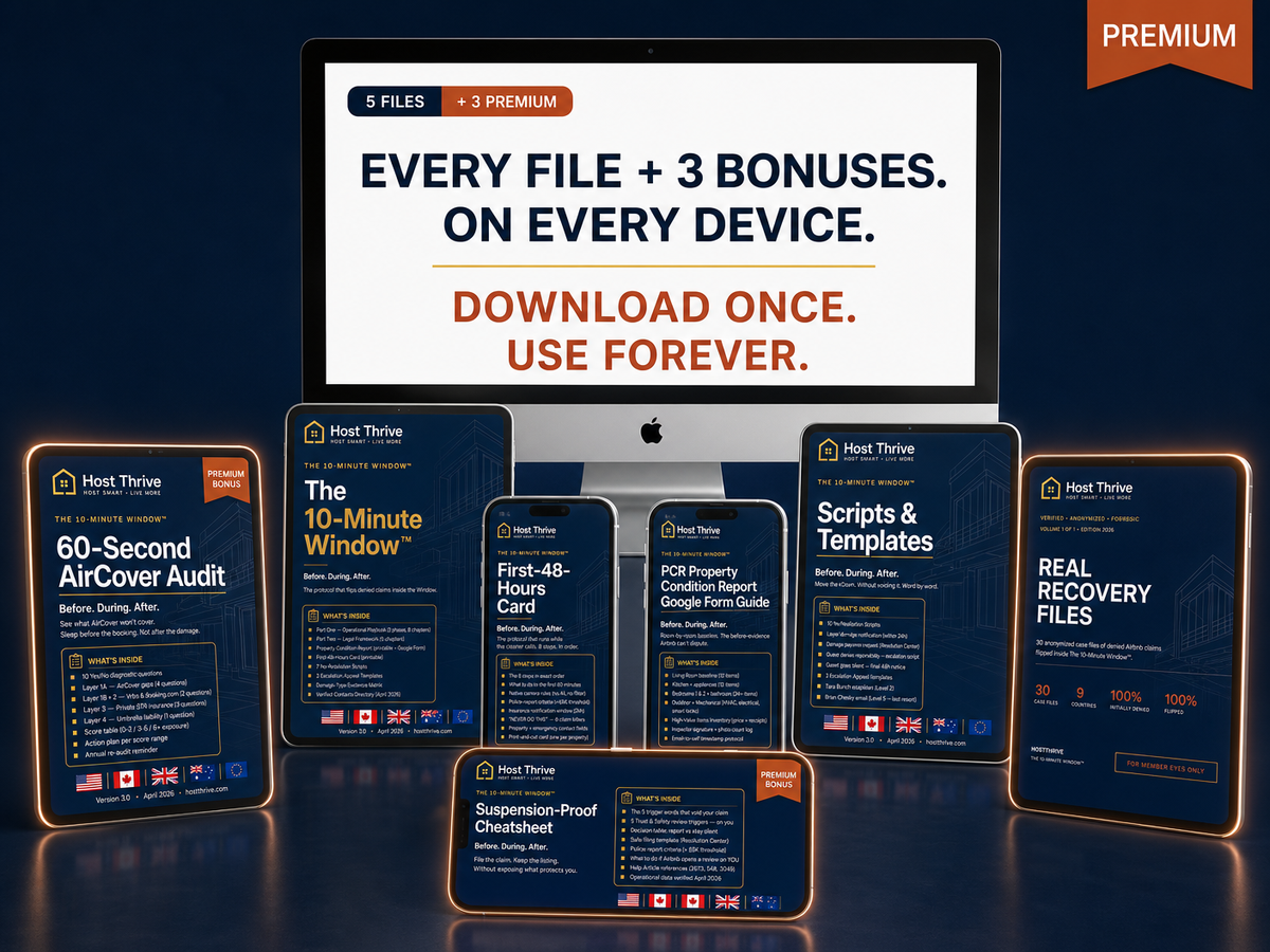 Complete Airbnb host protection bundle mockup showing damage defense kit, automation guide, command center, insurance audit, emergency response card and templates on multiple devices