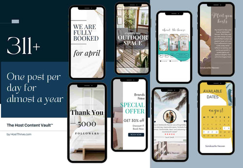 The Host Content Vault with 311 ready-to-post social media templates for Airbnb hosts shown on phone mockups